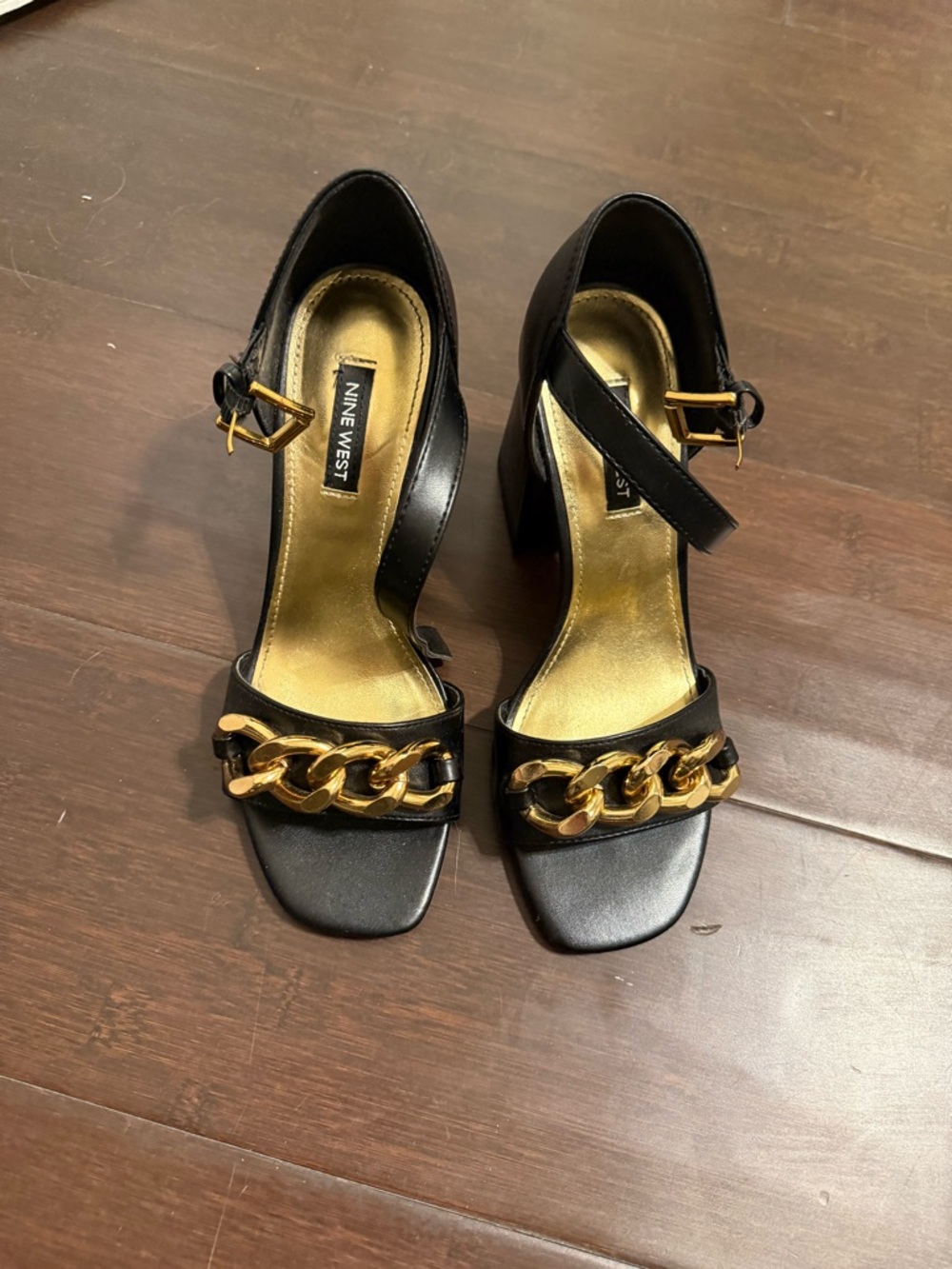 Nine West Black Heeled Sandals with Gold Chain Detail